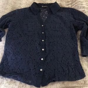 Navy blue floral lace button front shirt L 3/4 sleeve satin collar & trim